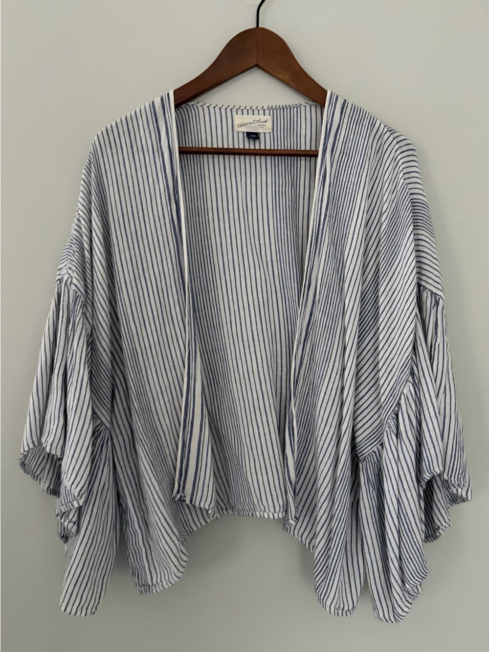 Striped Blue White Black Open-Front Kimono Style Top Cotton Linen Summer OSFM
